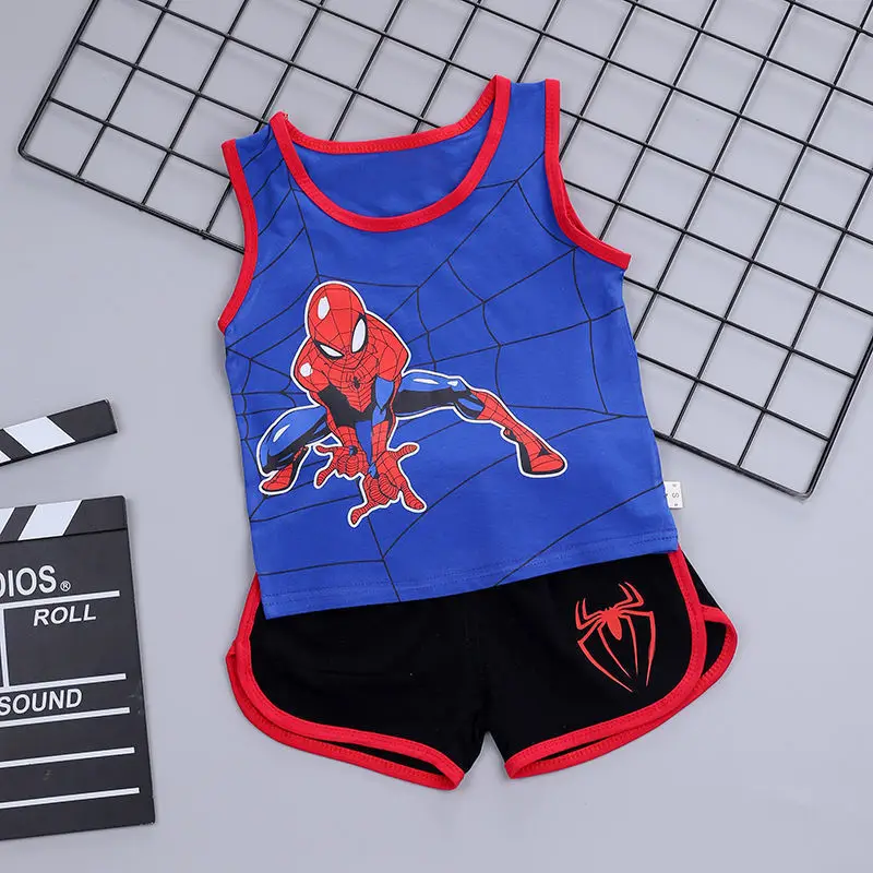 Conjuntos de ropa de verano para niños, Camiseta de algodón con dibujos animados de Spiderman, chaleco + Pantalones cortos, traje de 2 piezas, ropa