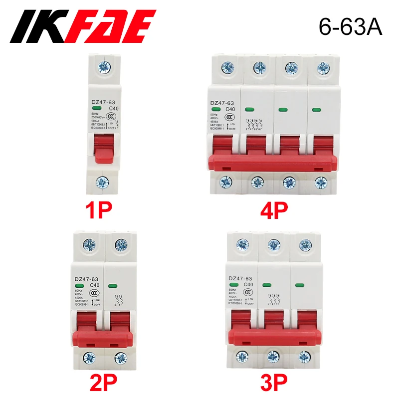 Din Rail Mini Circuit Breaker 1P 2P 3P 4P AC 400V MCB 6A 10A 16A 20A 25A 32A 40A 50A 63A   Household Circuit Air Switch DZ47-63