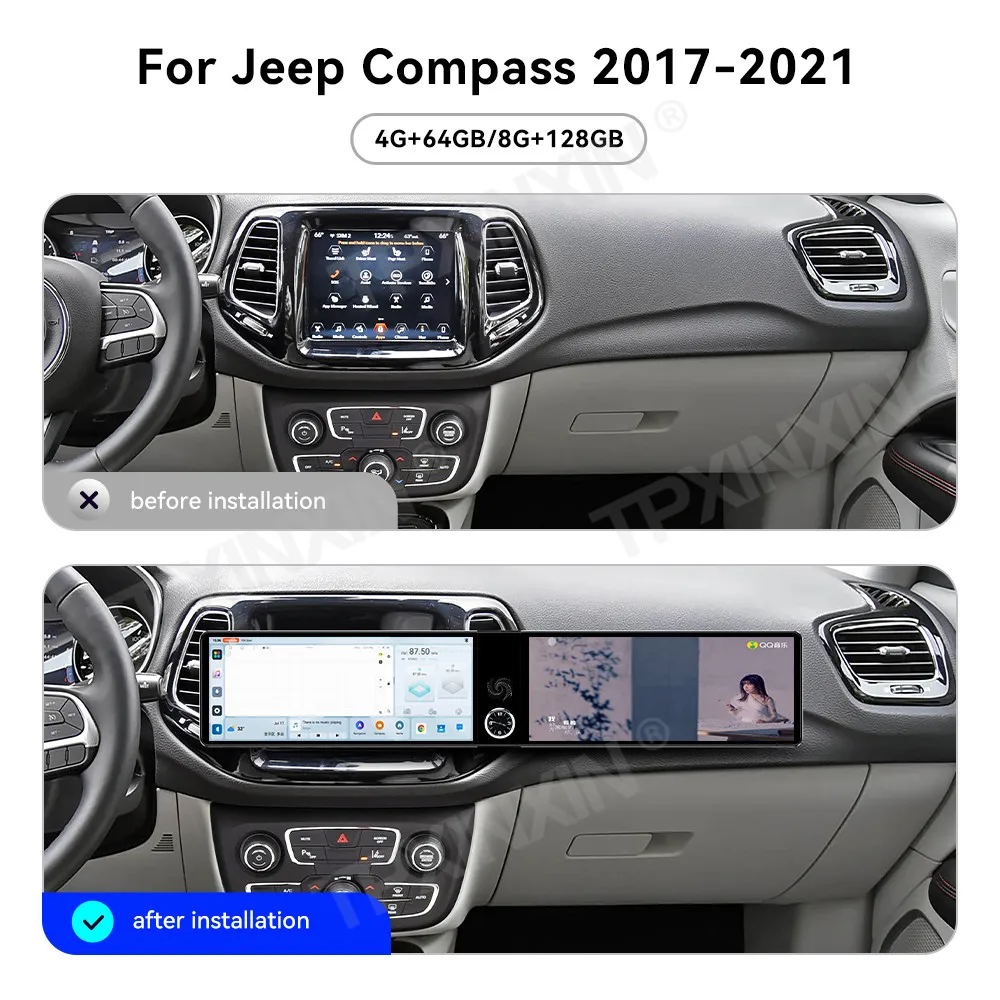 

12.3'' Dual Screen Car Radio For Jeep Compass 2017-2021 Car Multimedia Video Player Stereo GPS Navigation Carplay Head Unit 4G