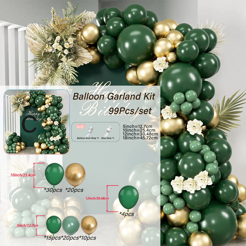 99pcsBalloons Garland Arch Kit with Green Gold Balloons for Engagement Wedding Birthday Baby Shower Gender Reveal Decor