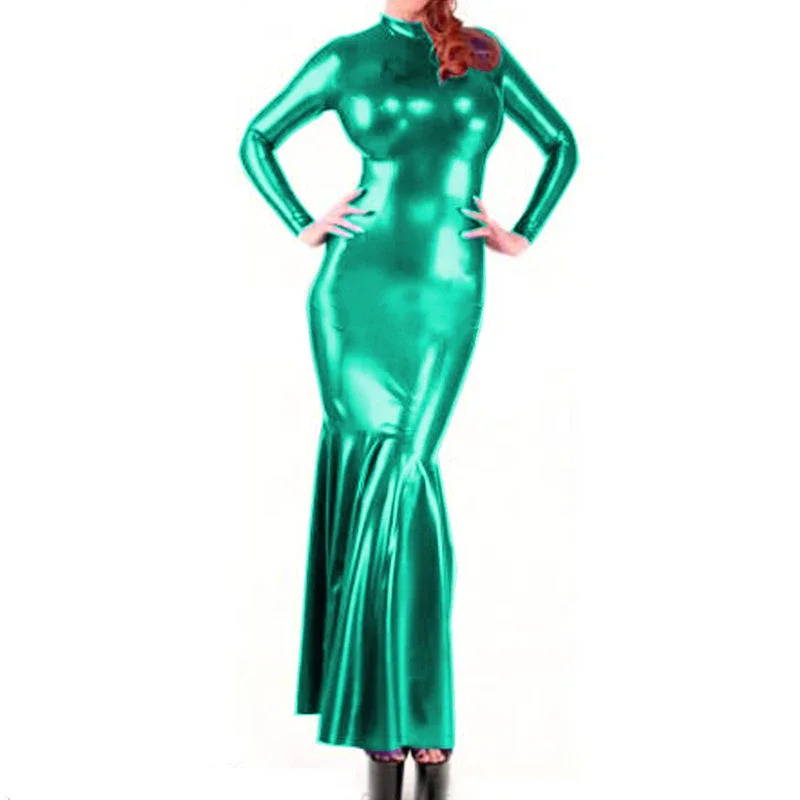 Shiny PVC Leather Mermaid Dress, Turtleneck Neck, Long Sleeve Stretch Maxi Dress, Faux Latex Elegance Hem Ruffle Dress, Clubwear