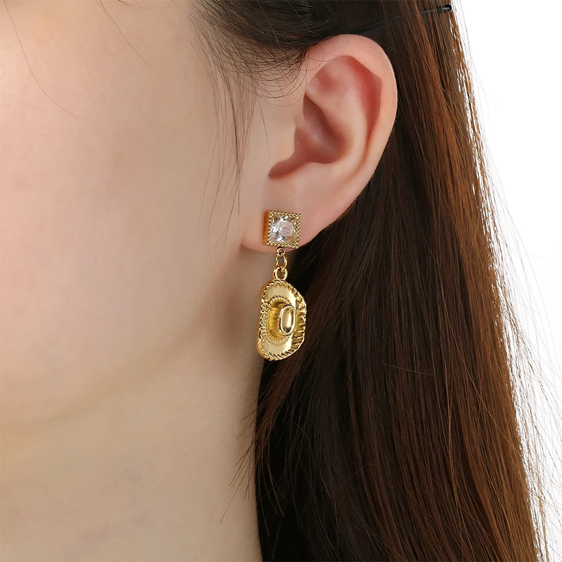 2026 Stainless Steel Women's Gold Plated Cowboy Boot Hat Square Zircon Dangle Earrings Band Party Jewelry Gift