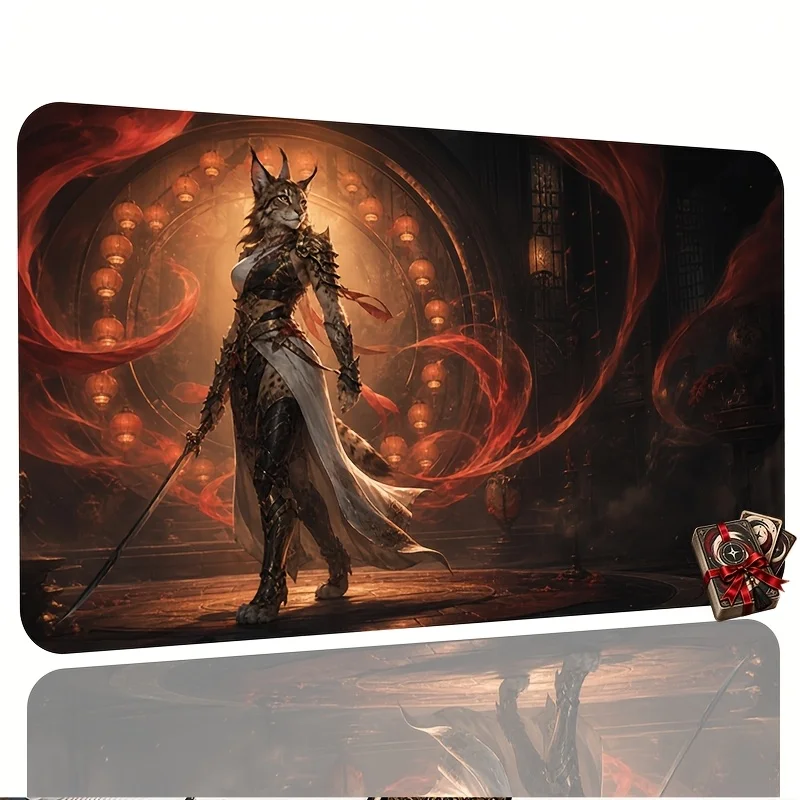 Cool dark fantasy cat warrior card game mat, with clear printed collectible cards for battle and also a mouse pad. Suitable TCG