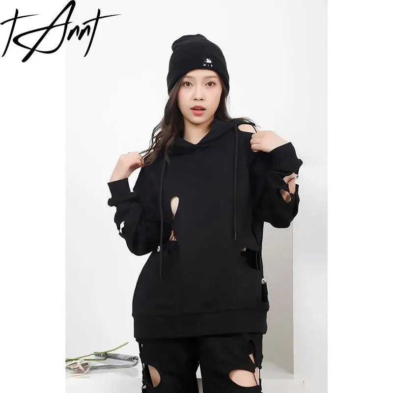 Tannt Women Hoodies Holes Asymmetry Hollow Out Pullovers Sweatshirt Coat Irregular Black Hooded Hoodies Women 2023 New Fashion