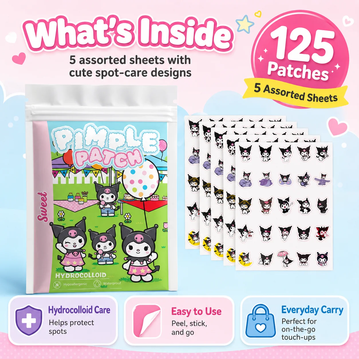 125PCS Sanrio Kulomi Acne Patch, Hydrocolloid Acne Patch, Makeup Blemish Pimple Patch, Waterproof and Sweatproof