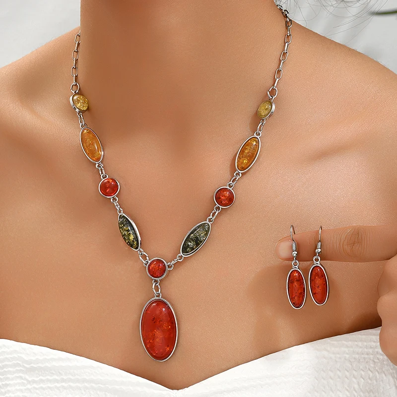 Fashion Vintage Colorful Stone Necklace Earrings Sets Ethnic Style Jewelry Set Retro Women\'s Accessories Gifts For Lady