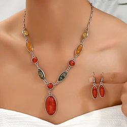 Fashion Vintage Colorful Stone Necklace Earrings Sets Ethnic Style Jewelry Set Retro Women's Accessories Gifts For Lady