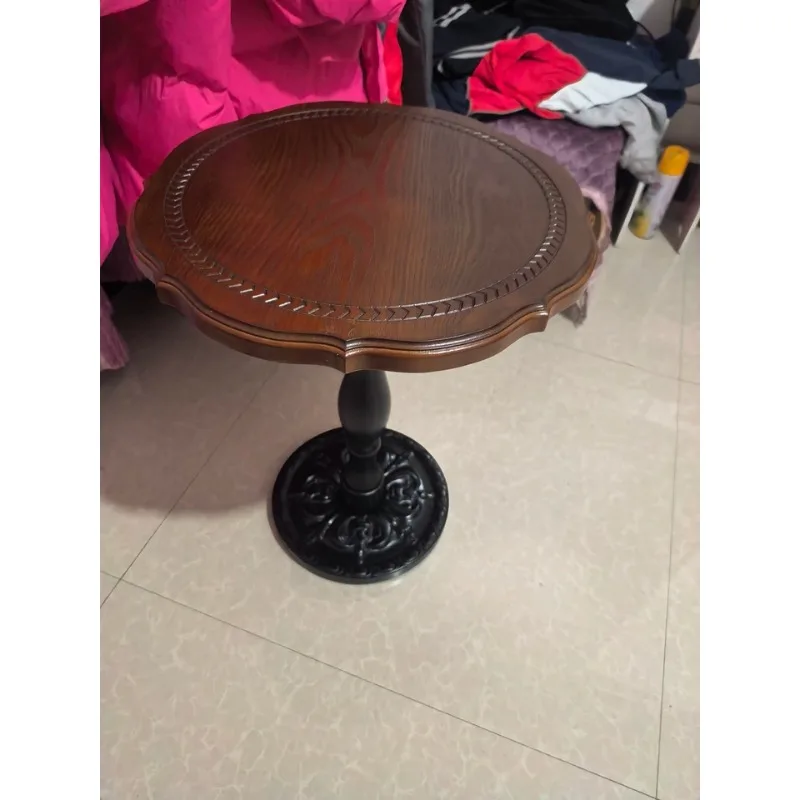 

60cm Solid Wood Side Table Retro Carved Corner Desk Coffee Desk Casual Small Round Table