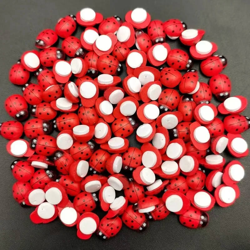 100Pcs Mini Wooden Bee Ladybug Self-adhesive Sticker Garden Figurine Miniature Children Painted DIY Craft Animal Home Decoration