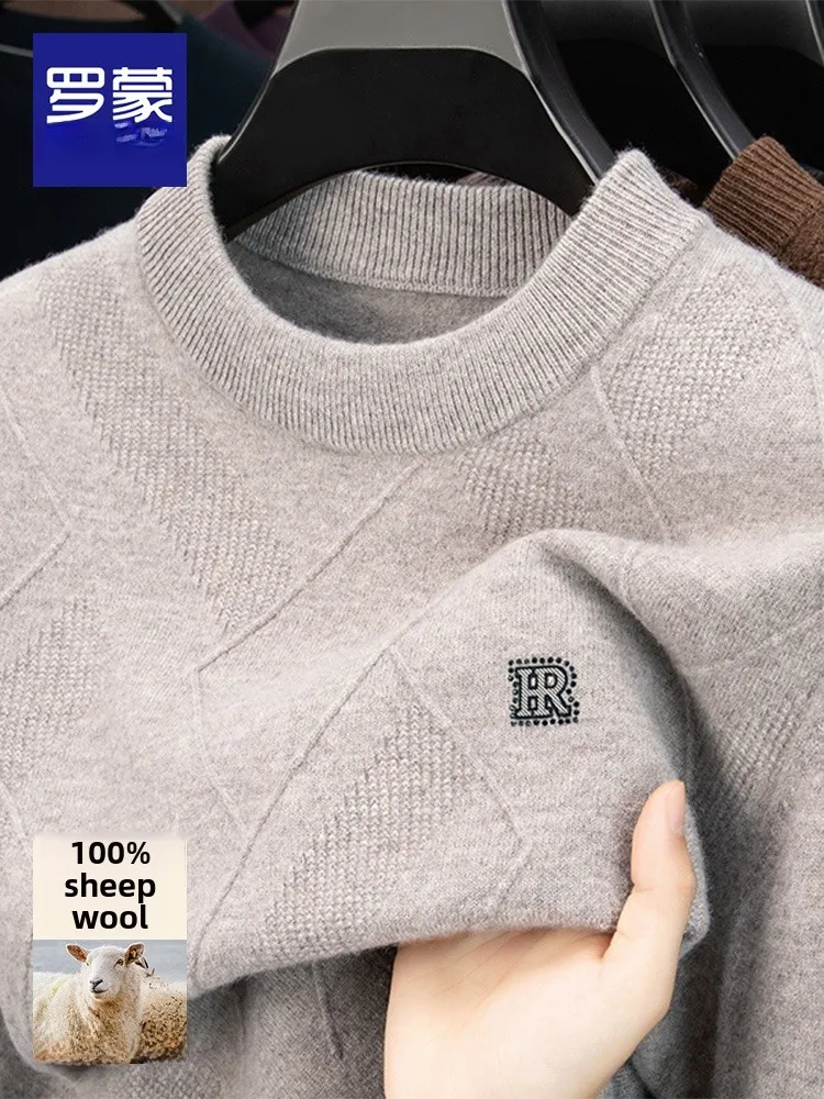 

00% Pure Wool Men's Knitted round Ne Sweater Warm Casual Sle Long Sve Busin Casual Faion Comfortable Fit Winter ...