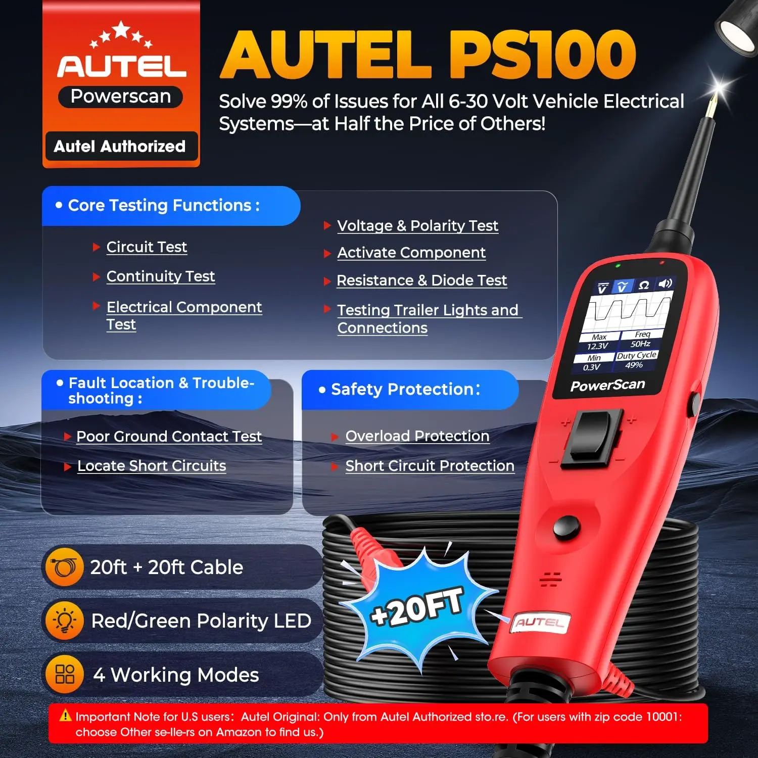 Autel PowerScan PS100  Electrical System Diagnostic Tool  Automotive Circuit Tester Power Circuit Probe Kit