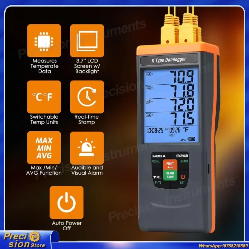 4 Channel Digital Thermocouple Thermometer Type K Temperature Meter Data Logger with Backlight Buzzer Alarm USB Export ABS