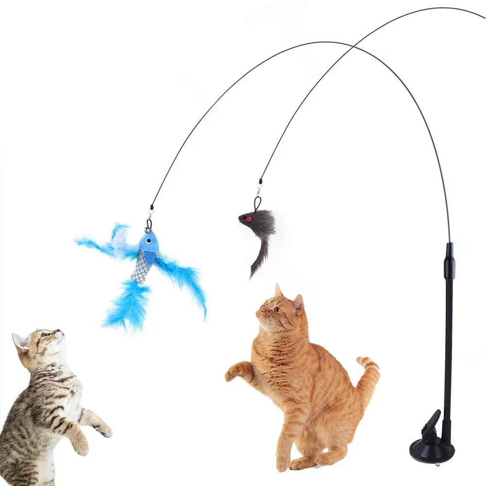 Interactive Cat Toy Funny Simulation Feather Bird with Bell Cat Stick Suction Cup Toy for Kitten Playing Teaser Wand Toy