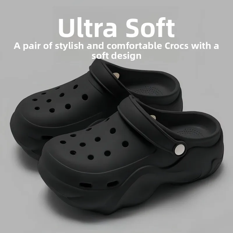 

Black Thick Bottom Hole Hole Summer Sandals Women's Outdoor Beach Shoes Anti-Slip Head Cover Slip-On Flip Flops Heightening Soft