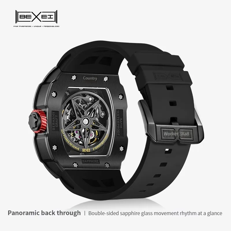 BEXEI 2025 Механические часы для мужчин 316L Автоматические скелетонные синтетические сапфировые водонепроницаемые роскошные деловые наручные часы