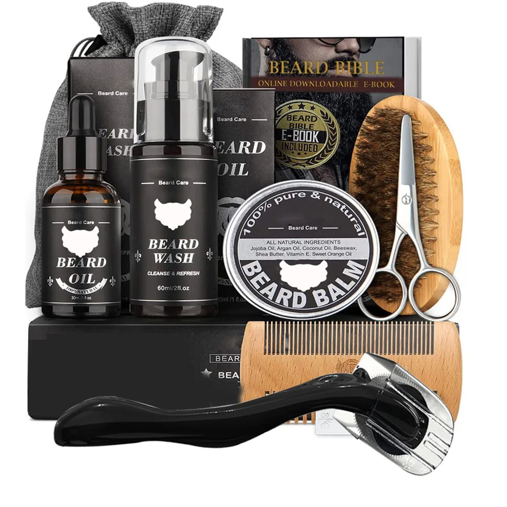 5/7/8 PCS Men's Beard care full set beard comb Balm Double-sided comb with roller beard growth liquid
