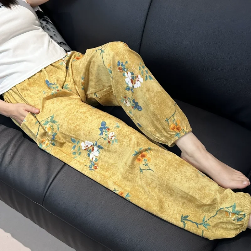

Summer Women's Mulberry Cotton Silk Sleeping Pants Sunscreen Home Floral Pants