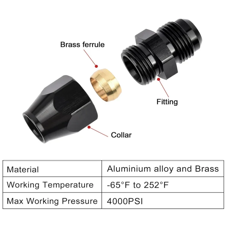 6AN adaptor fiting kompresi garis keras 3/8 inci 5/16 "Pria Hitam aluminium