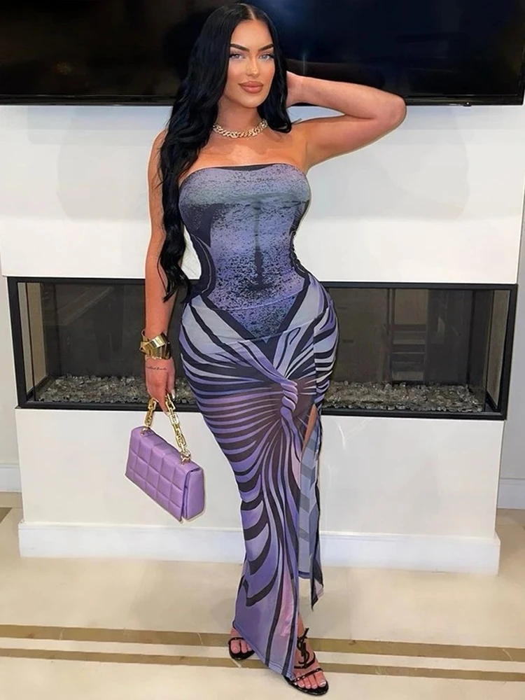 Strapless Women Sexy Dress Aesthetic Striped Print Sleeveless Peach Hip Midnight Club Streetwear Bodycon Vestidos