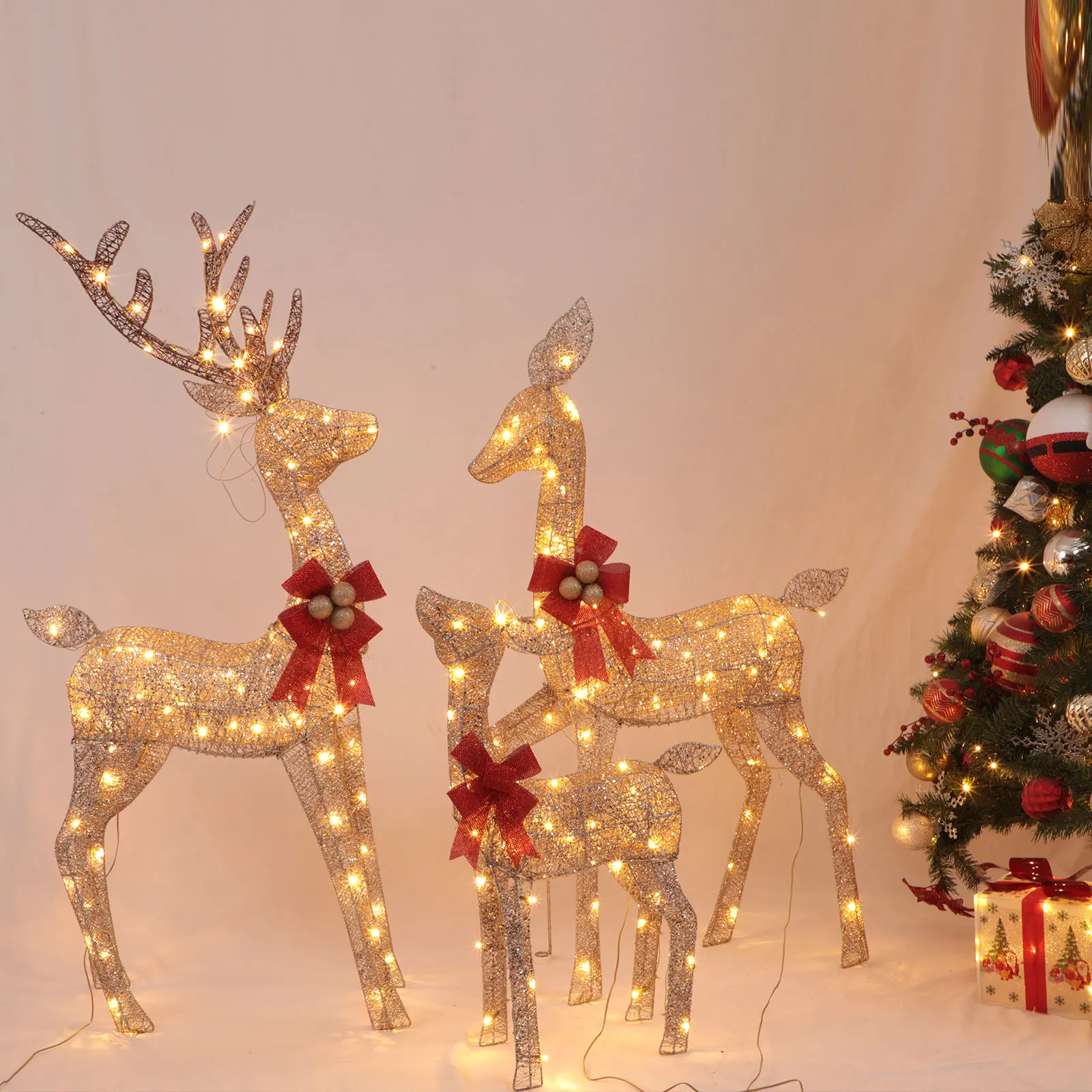 Kit de décoration de jardin extérieur avec 210 lumières LED, famille de rennes 3D, cerf lumineux, piquets, décorations de Noël en plein air, 3 ensembles