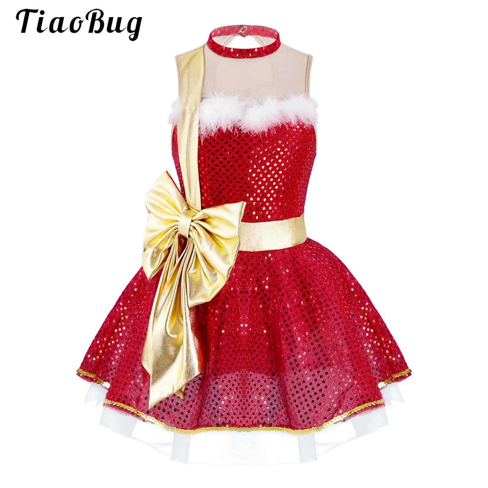 Kids Girls Christmas Dance Costumes Sleeveless Big Bowknot Sequins Elf Tutu Miss Santa Claus Dress Ballet Figure Skating Leotard
