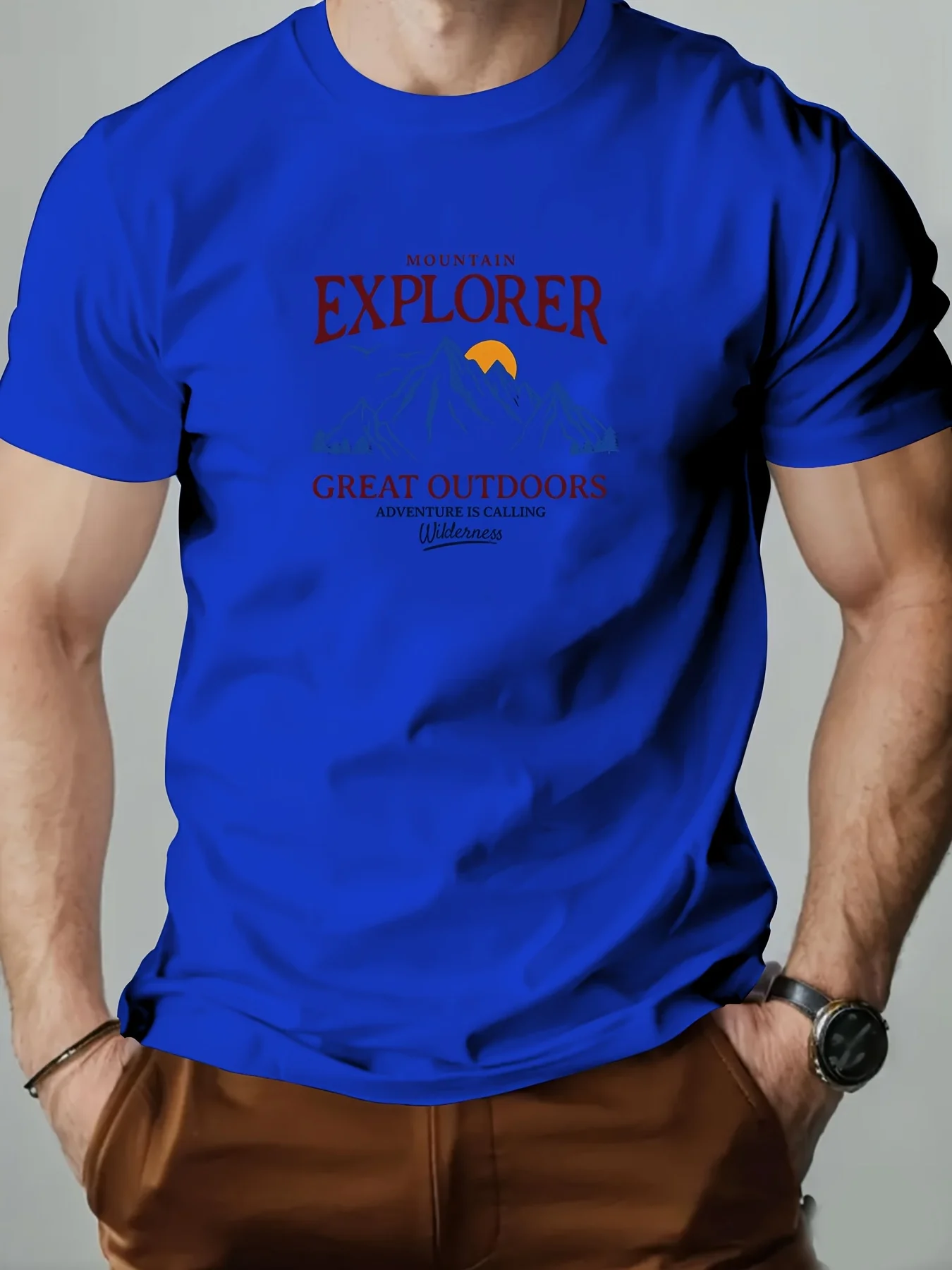Men's Summer 100% Pure Cotton Fashionable Casual Loose Mountain Explorer Mountain Sunset Goose Round Neck Short Sleeved T-Shirt