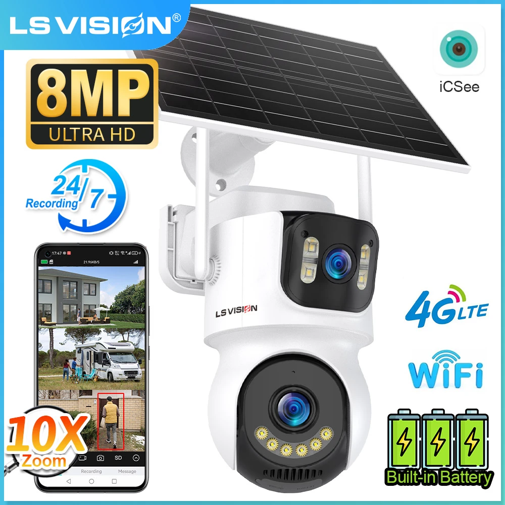

LS VISION Three Screen 24/7 Recording Outdoor Solar Camera 4G/Wifi AOV 10X Zoom PTZ Auto Tracking Security Battery Camera iCSee