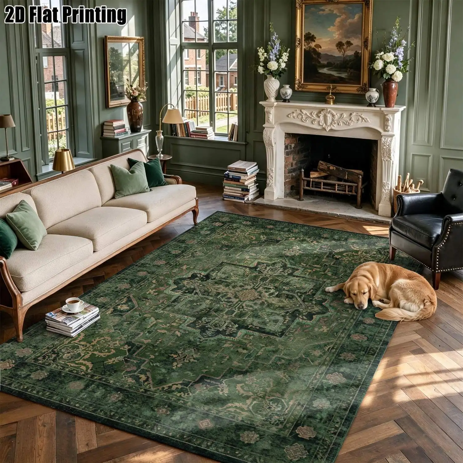 1Pc 2D Printed Retro Green Floral Pattern Carpet, Also in Vintage & Geometric Designs, Multiple Sizes, Machine Washable, Ideal for Home Decor Such as Living Room, Bedroom, Dining Room, Entryway, and Study