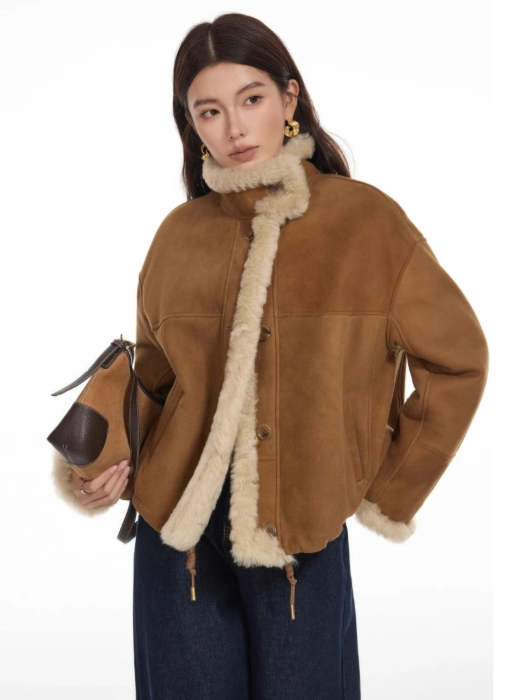 

High-end Luxury Merino Sheep Fur Suede Jacket for Women Simple Stand Collar Short Winter Genuine Leather Real Fur Lambswool Coat