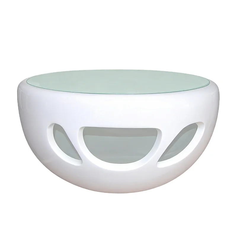 Modern Stylish Round Tempered Glass Top Coffee Table High-Gloss White Cutout Hollow Design Living Room Outdoor Centre Table