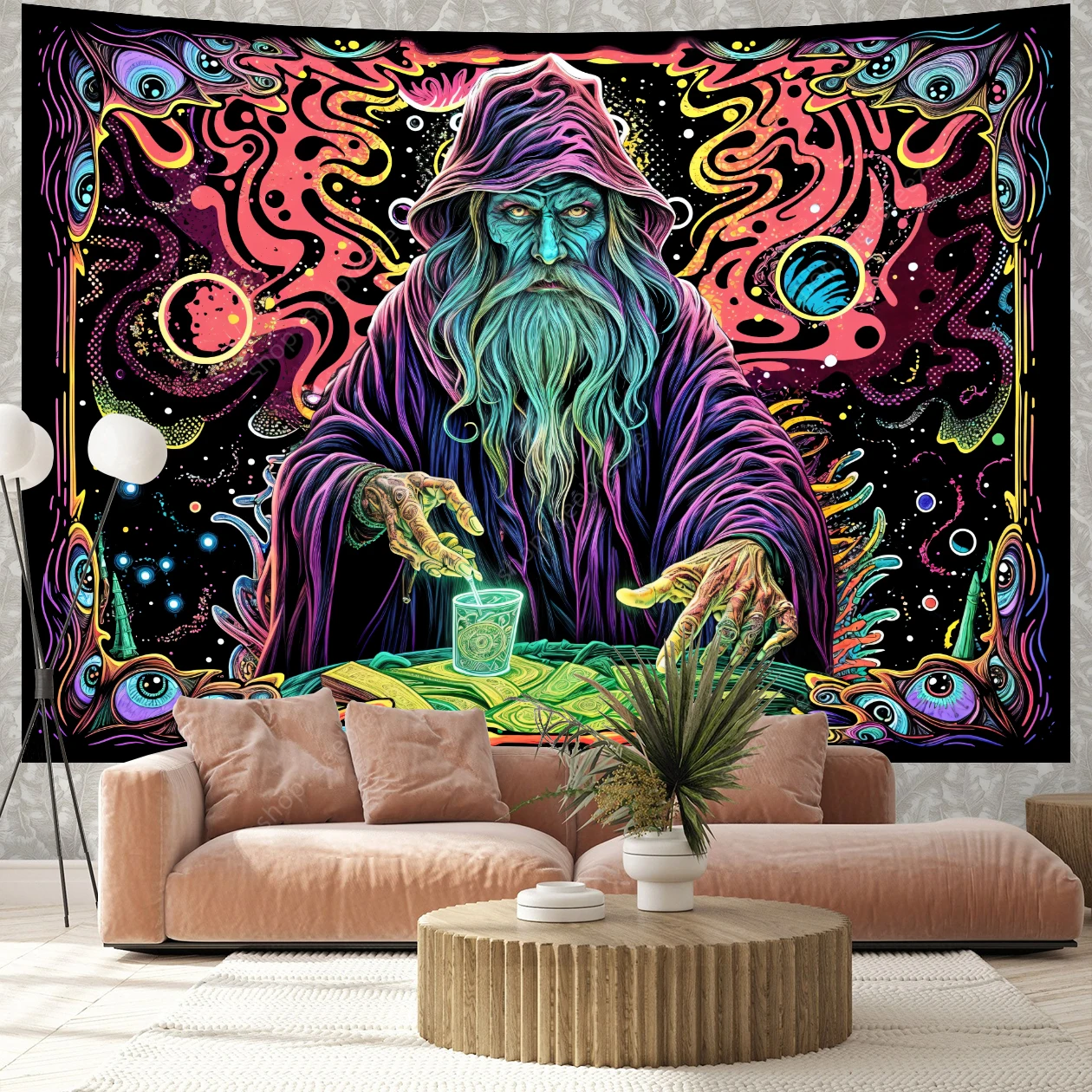 Psychedelic Wizard UV Reactive Tapestry Magic Eyes Neon Universe Starry Tapestry Wall Hanging for Room Decor Witchcraft Supplies