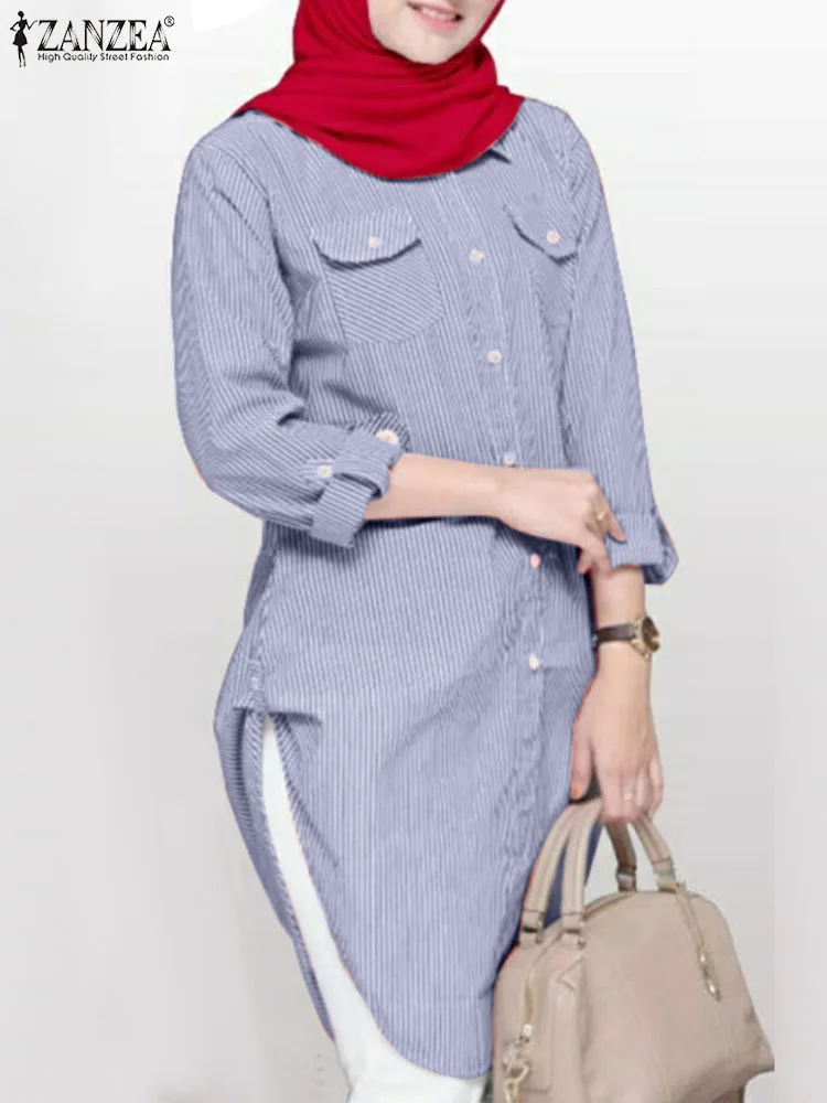 

ZANZEA Fashion Eid Mubarek Muslim Blouse Woman Casual Islamic Clothing Stripe Printed Lapel Neck Shirt Elegant Party Tops 2024