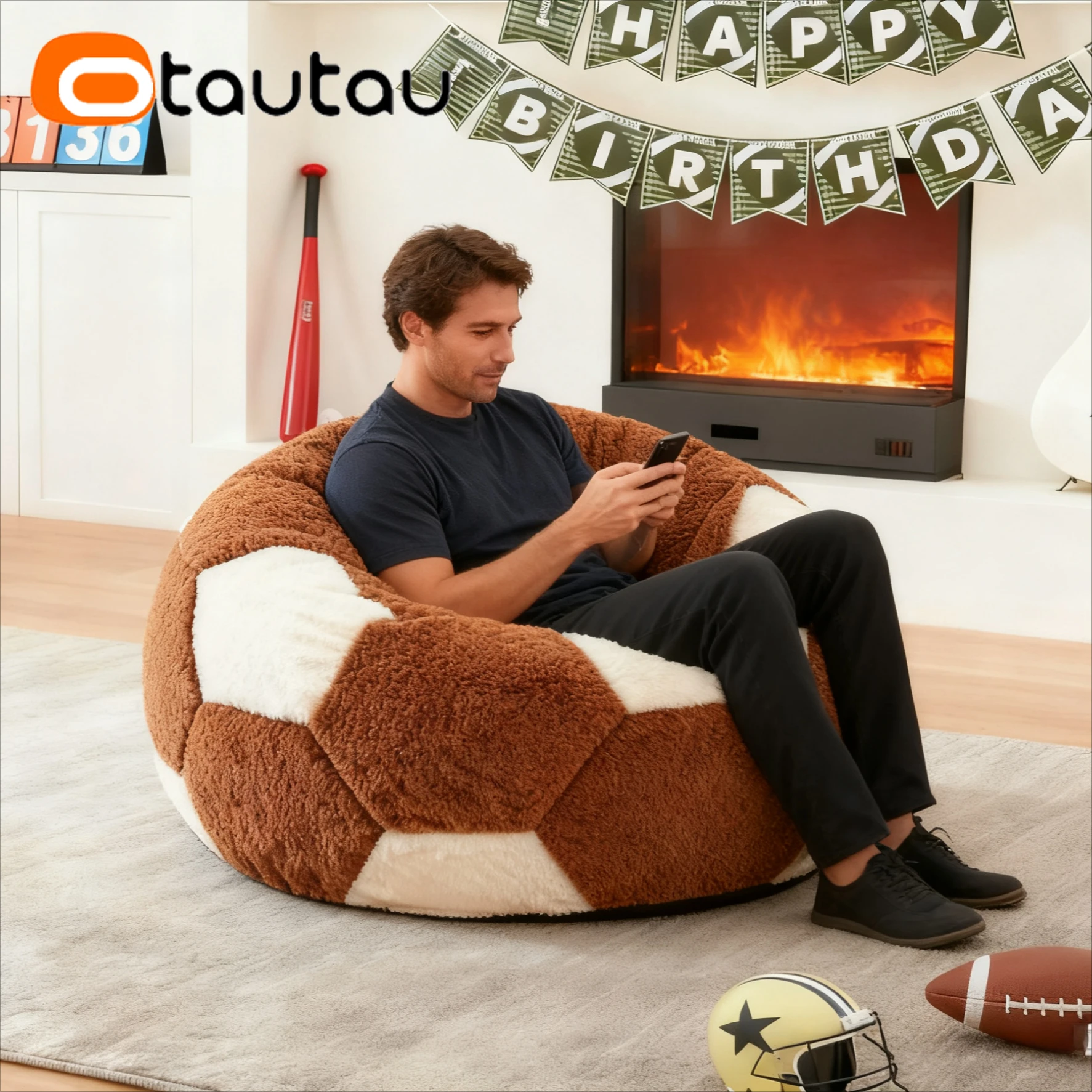 OTAUTAU Football Bean Bag Cover Faux Lamb Winter Christmas Pouf DD227-4【No Filler Inside! Need Buy Filler By Yourself !】