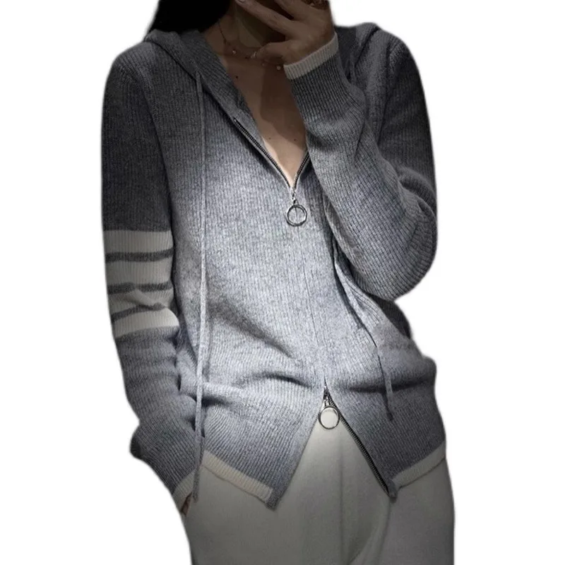 2024 autunno e inverno maglione da donna con cerniera cardigan con cappuccio 100% lana merino maglione casual abito da donna moda coreana.