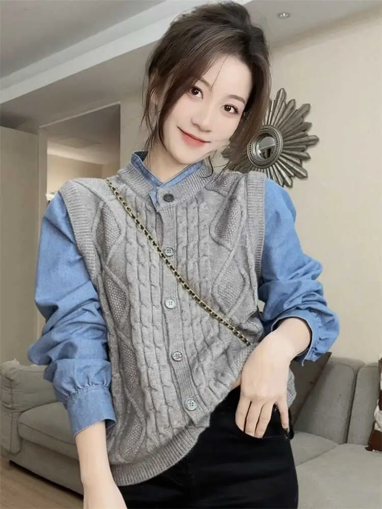 

Spring New Fashion Style Slimming Versatile Top Denim Shirt Patchwork Fake Two-piece Knitted Sweater for Women Blouses Shirts