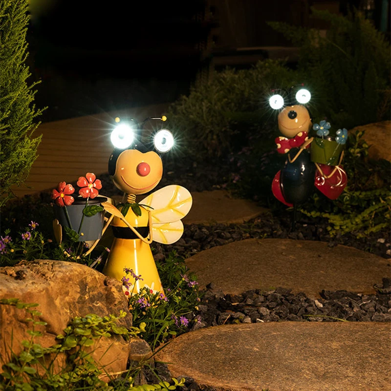 Solar Garden Outdoor Statues Cute Ladybug Bee Figurines with Waterproof Light Metal Insect Ornaments