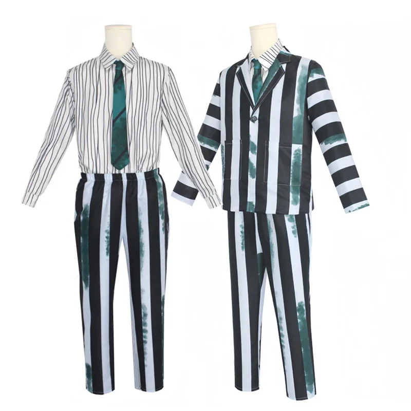 HN8 زي الرجال البالغين بدلة مخططة باللونين الأبيض والأسود مع شعر مستعار لحفلات الهالوين التنكرية لفيلم الرعب 8...Gf