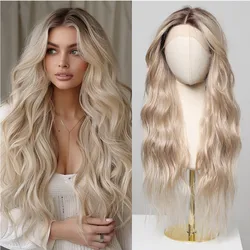 ALAN EATON Ombre Blonde Lace Synthetic Wigs 13*6 Lace Front Wig Platinum Blonde Long Wavy Hair for Women Daily Natural Looking