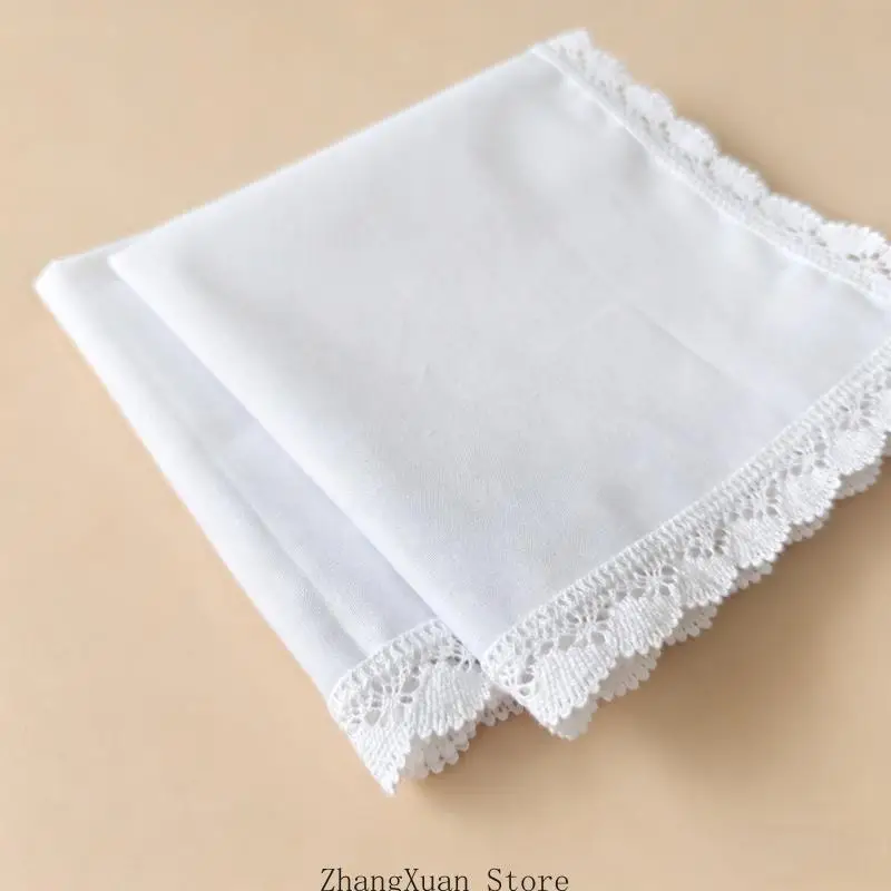 Weißes Taschentuch-Set aus Baumwolle mit Spitzenbesatz, gewelltes Stoff-Hochzeits-Brauttaschentuch zum Tragen, DIY-Stickhandtuch – Detail 8
