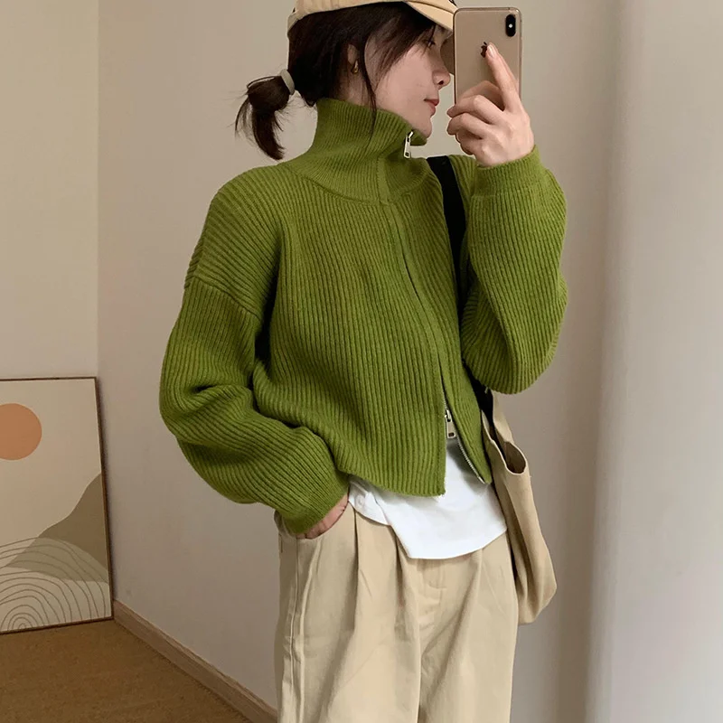 

Hsa 2023 Korean Loose Zipper Cardigan Sweater Women Autumn Winter Warm Outerwear Knitwear Coat Female Long Sleeve Tops Clothes