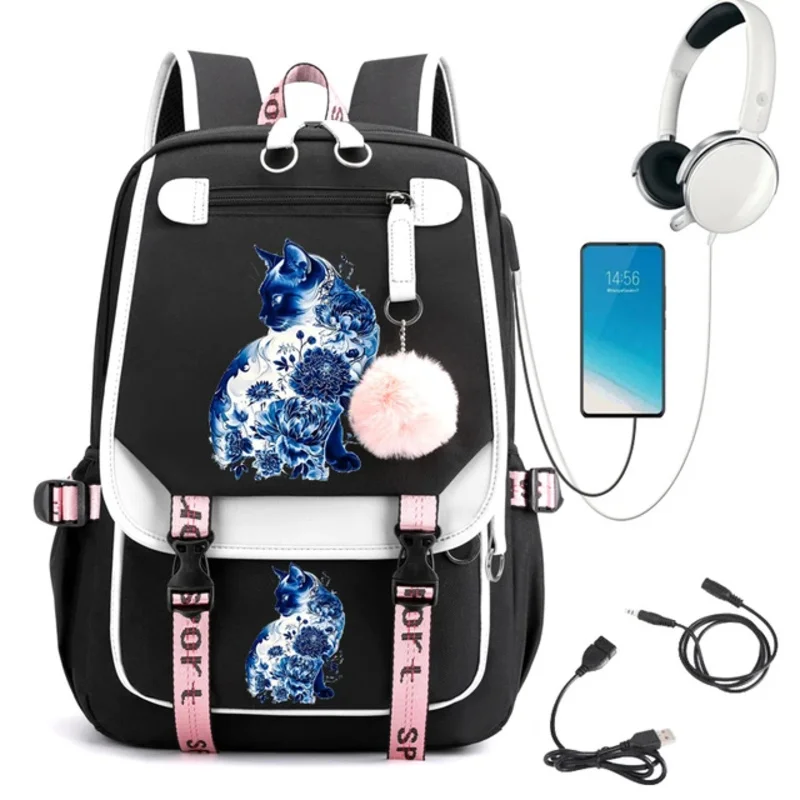 Sac à Dos d'École Imprimé Chat Bleu Mignon, Cartable d'École de Dessin Animé, Cartable pour Étudiant et Adolescent, Ordinateur Portable Mochila, Sac de Voyage Kawaii