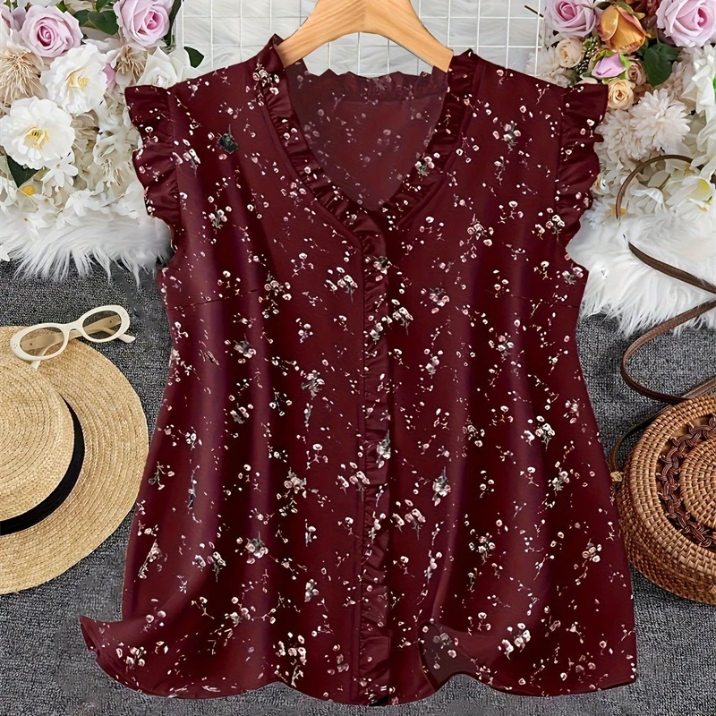 

Trendy Women's Summer Fashion Ruffle Loose Casual Top Short Sleeve Elegant Blouse Daily Wear Comfortable Sexy Female Clothing