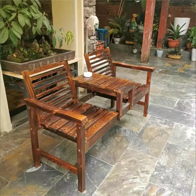 Outdoor courtyard double backrest chair anticorrosive wooden table and chair carbonized solid wood tea table bench balcony chair