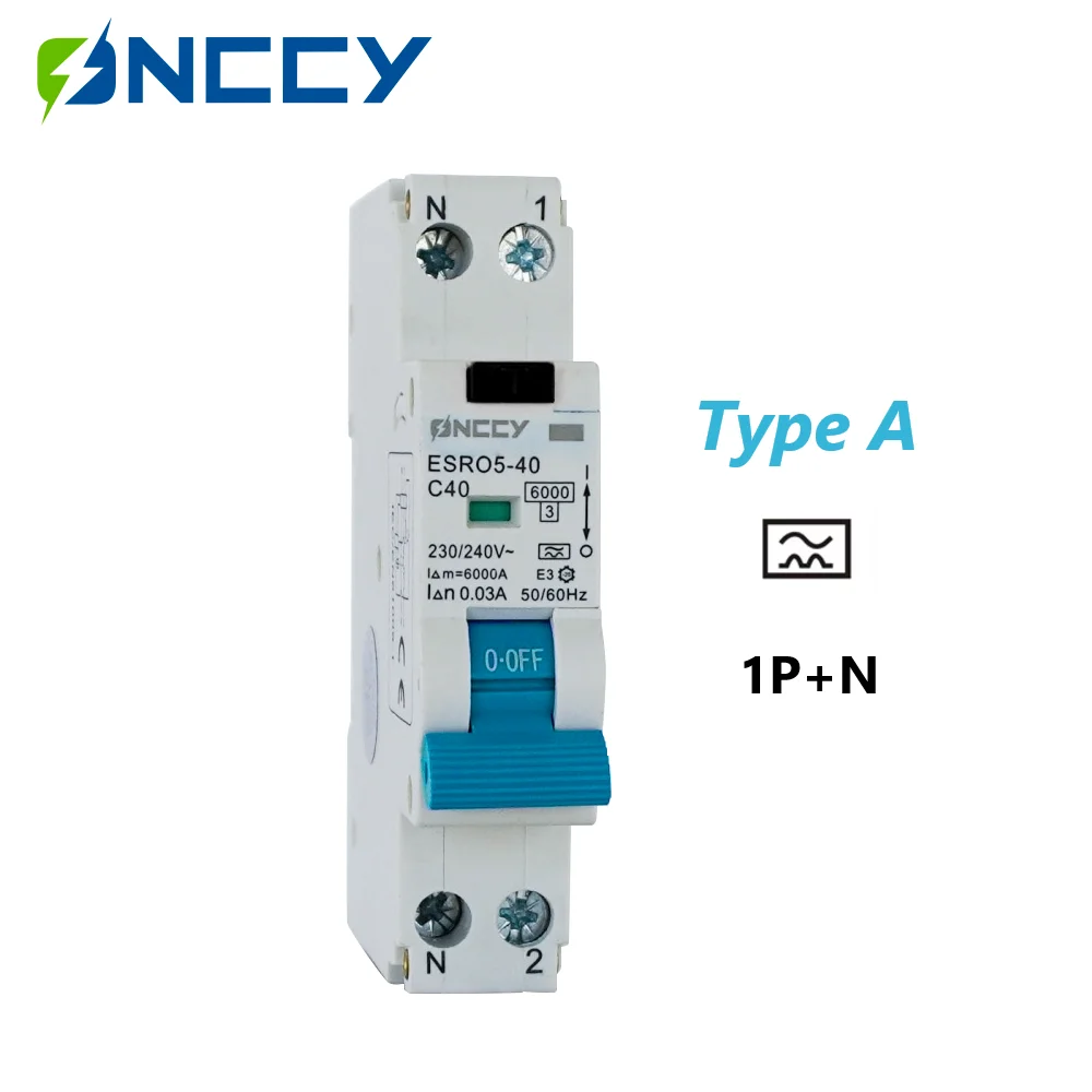 

ONCCY Type A Residual Current Circuit Breaker, 1P+N RCBO 20A 32A 40A 30mA 100mA 300mA Safety Breaker C Curve 6KA