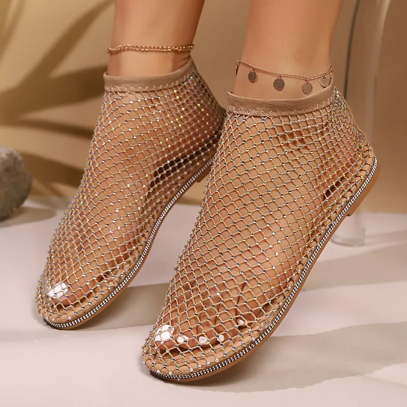 

2025 Summer Women's Large Size Flat Sandals New Style Fishnet Low Top Shallow Mouth Beach Full Cover Fashion Sandals 35--44 Size