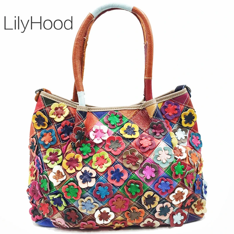 Oversized Female Genuine Leather Multicolor Flowers Handbag 2024 Large Size Casual Weekender Overnight Laptop Work Shoulder Bag