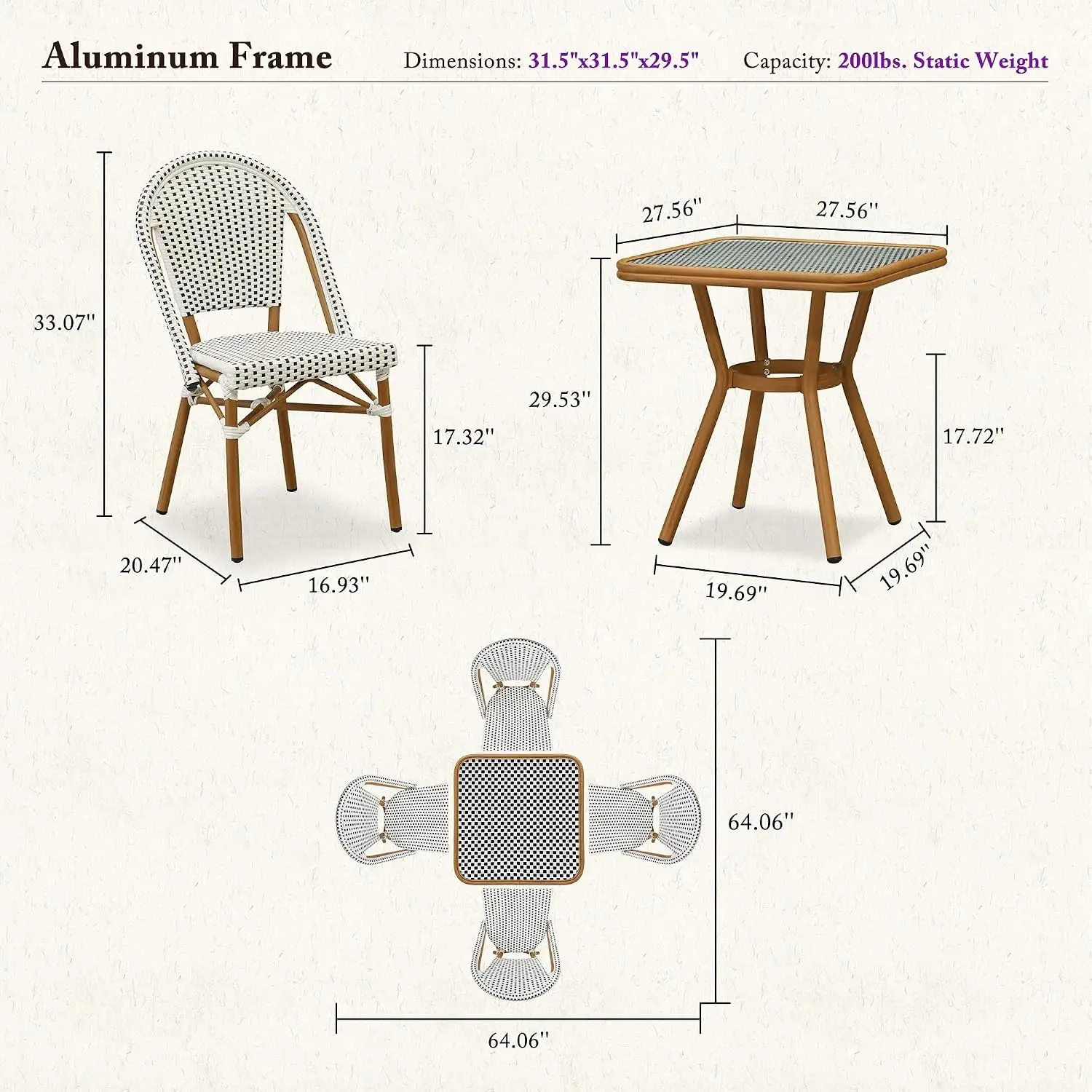 French Dining Set 5-Piece Square Table Wood Finish Outdoor Patio Garden Furniture, Customized