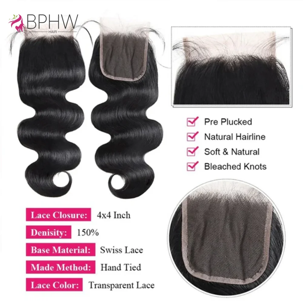 12A Body Wave Lace Frontal Closure Only 4x4 Lace Closure Brazilian Remy Hair Pre Plucked 100% Human Hair Body Wave Lace Closure