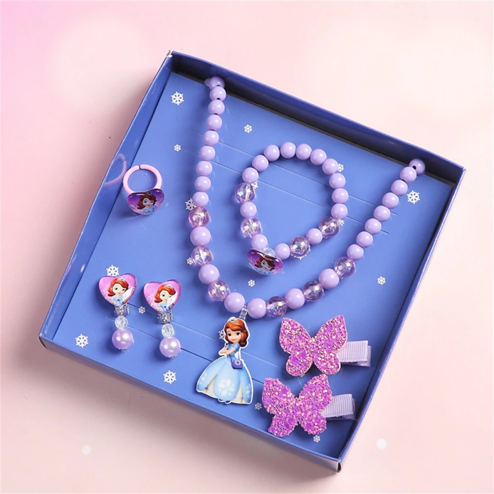 7pcs/set Lovely Frozen Elsa Anna Necklace Bracelet Ring Figure Toys Cute Disney Princess Frozen Accessories Toy Kids Girls Gifts