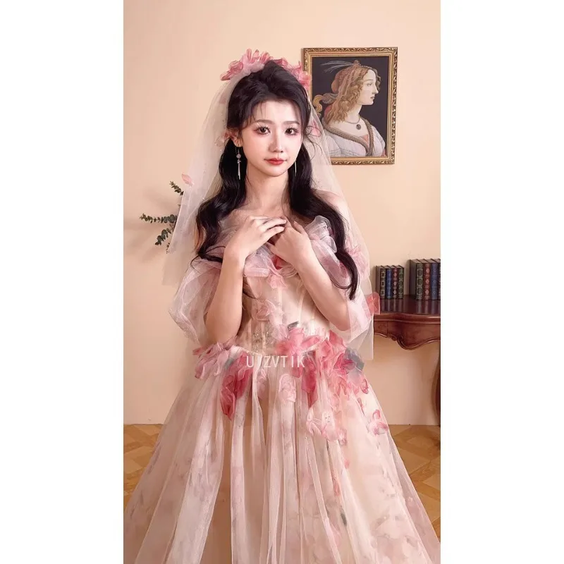 Long Floral Applique Wedding Dresses Women Fairy Pink Mesh Tulle Evening Ball Gown Off Shoulder Birthday Ceremony Prom Dress